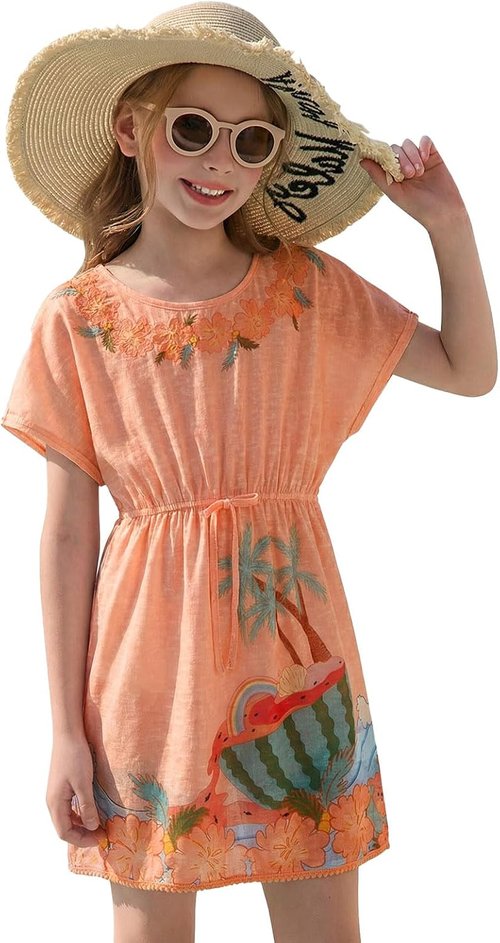 Haloumoning Girls Swim Cover-Up - Stylish Printed Short Sleeve Beachwear for Ages 5-14 Years