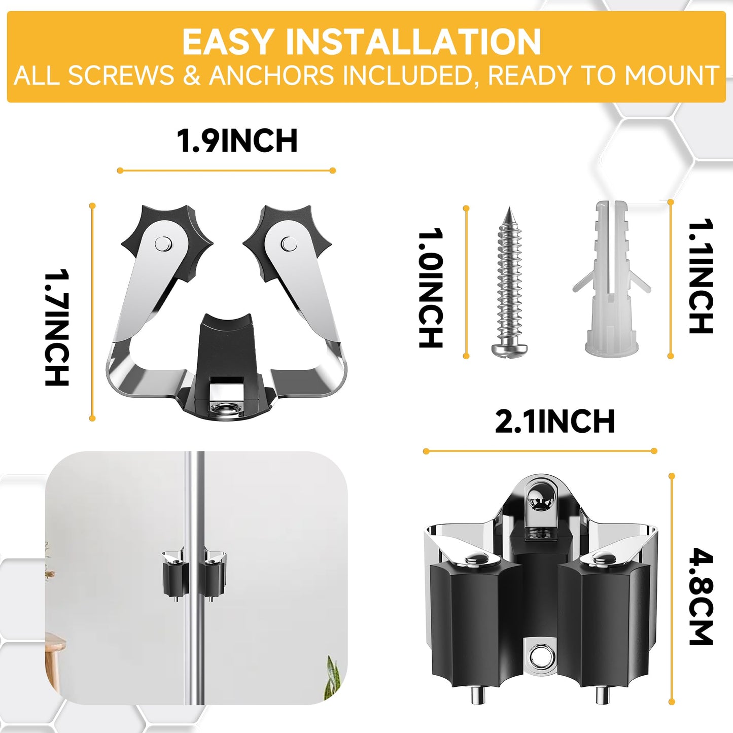 GARLWOLEX Broom Holder Wall Mount – 6 Pack Broom Rack with Star Shaped Rubber Rollers & Nickel Plated Brackets for Strong Grip and Long Life – Ideal for Garden Tools Organization