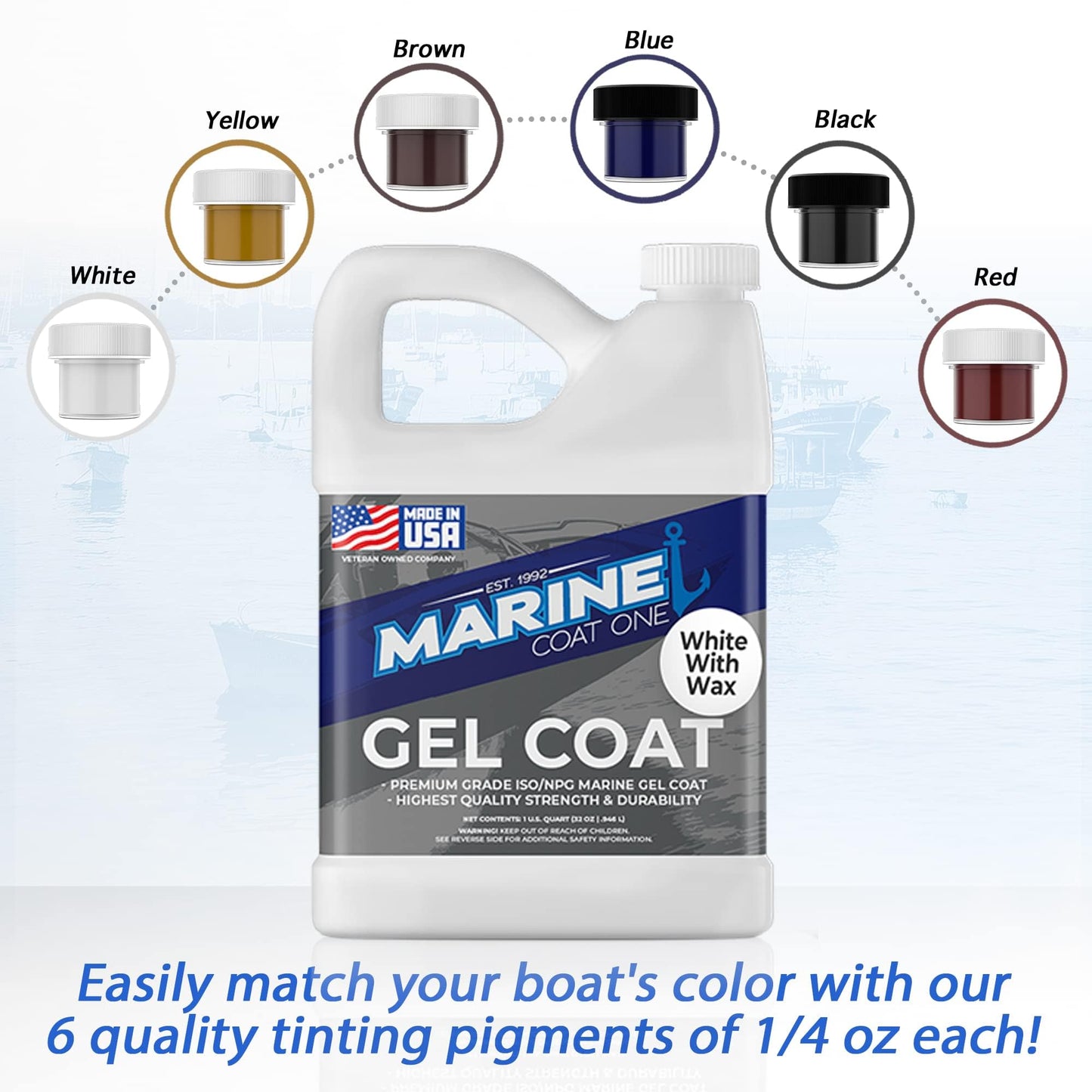 Marine Coat One Iso/Npg Gel Coat White with Wax with MEKP Catalyst for Hardening, with 6 Color Tinting Pigments, Gel Coat Repair Kit for Boats, Fiberglass (1 Quart)