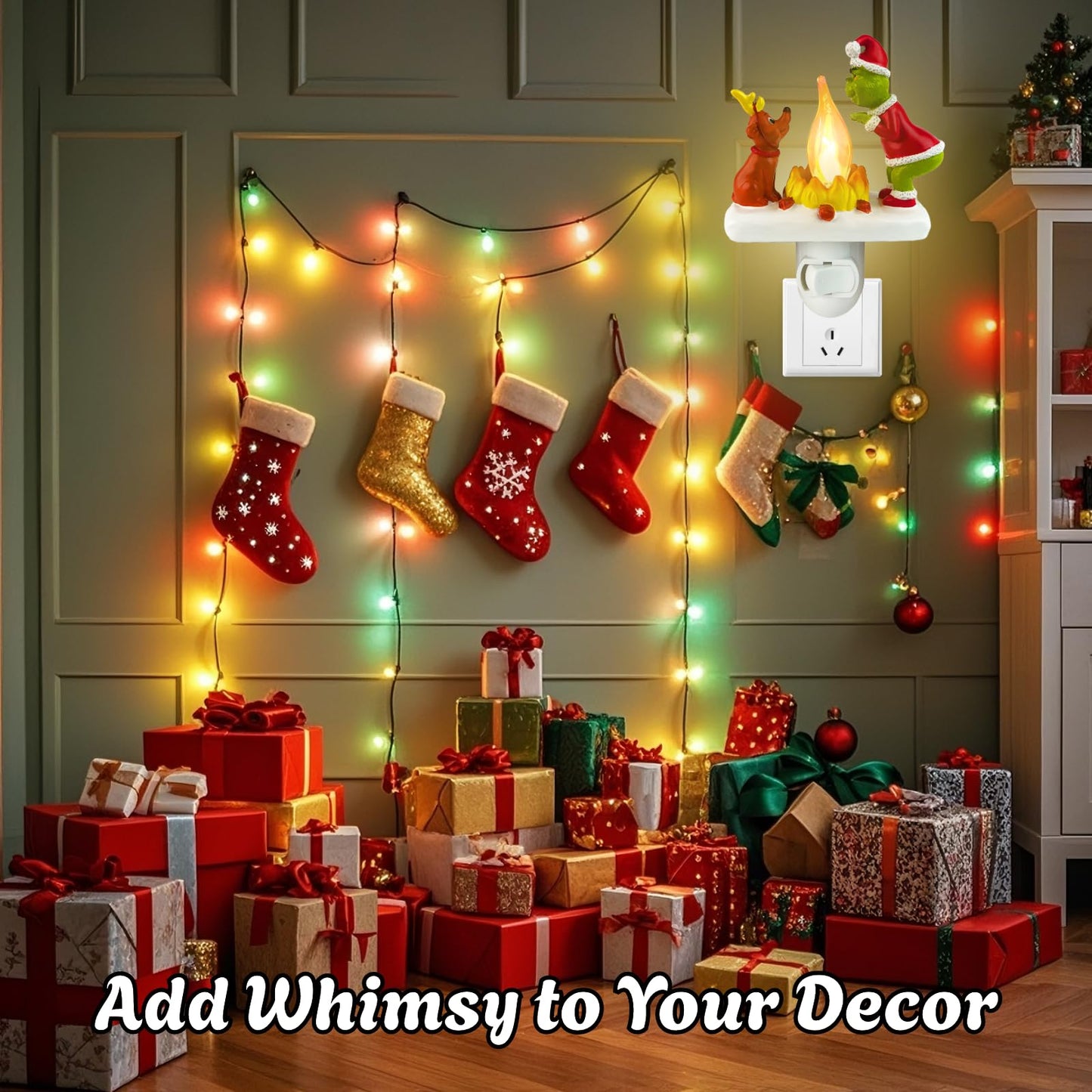 HFZCZW 2025 Christmas Night Light, Christmas Green Monster Campfire Nightlight, Eve Campfire Flickering Night Light Gifts for Family, Plug-in