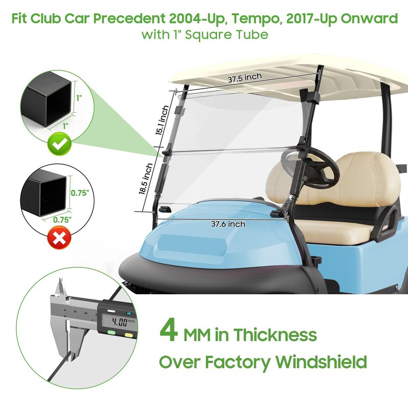 10L0L Golf Cart Windshield for Club Car Precedent 2004-Up, Tempo, 2017-Up Onward, Clear/Tinted Fold Down Club Car Windshield Anti-UV Impact Resistant, HD View, 37.5"W X 33.6"H