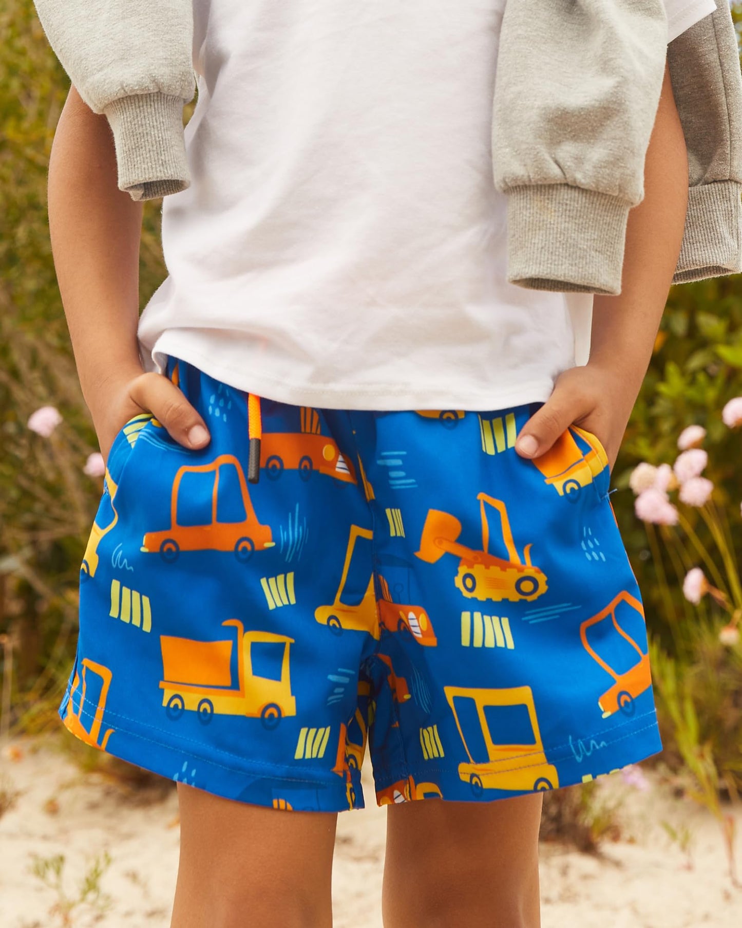 maamgic Boys Swim Trunks with Compression Liner Toddler Stretch Swim Shorts Quick Dry Swimming Trunks Boxer Brief 2 in 1 Beach Shorts Blue Vehicle 14/16