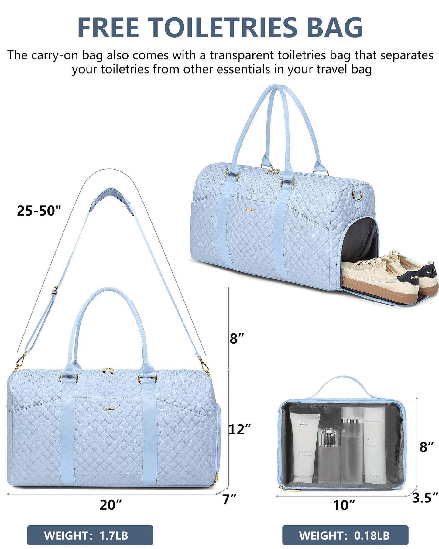 Women Weekender Travel Duffle Bag: Travel Duffel Overnight Bags with Shoe Compartment Large Carry on Tote with Toiletry Bag Weekend Traveling Yoga Gym Hospital Bag for Women with Wet Pocket Light Blue