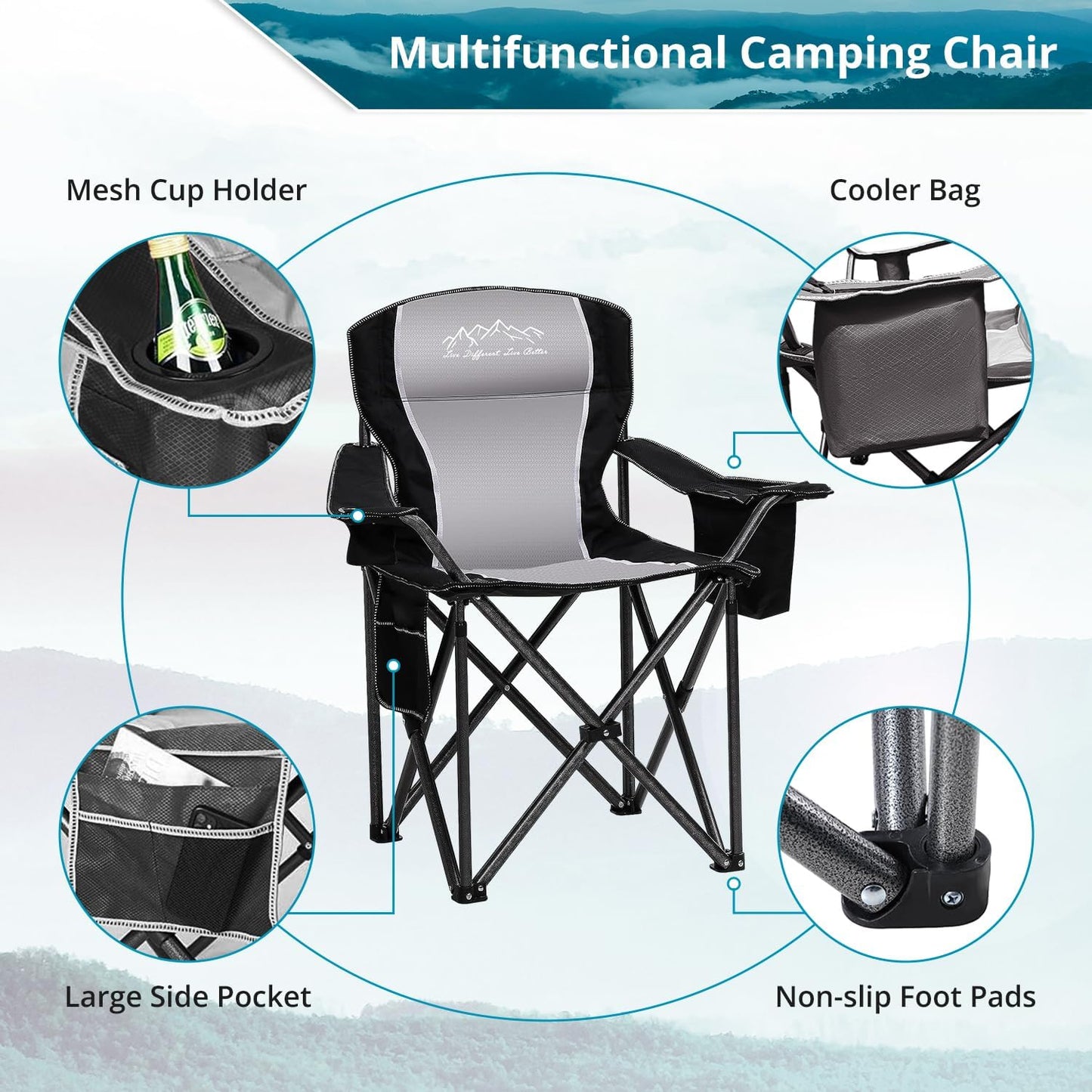 Skiennix Folding Camping Chairs - Heavy Duty Portable Lawn Chairs with Cooler Bag & Cup Holder | Supports 450lbs, Black - 2PCS Set