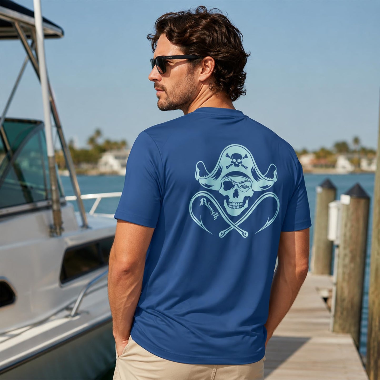Palmyth Men's Fishing Shirt Short Sleeve T-Shirt Sun Protection UV UPF 50+ Tee Navy Skull Pirate Large