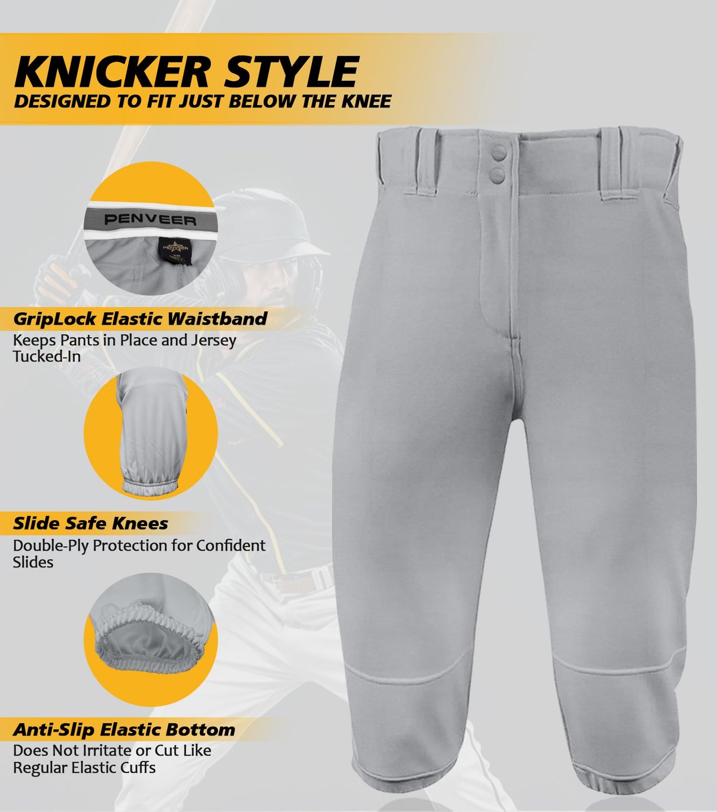 Penveer Knicker Style Adult & Youth Baseball Pants with Durable Snap Zip, Elastic Bottom Mens & Boys Baseball Pants