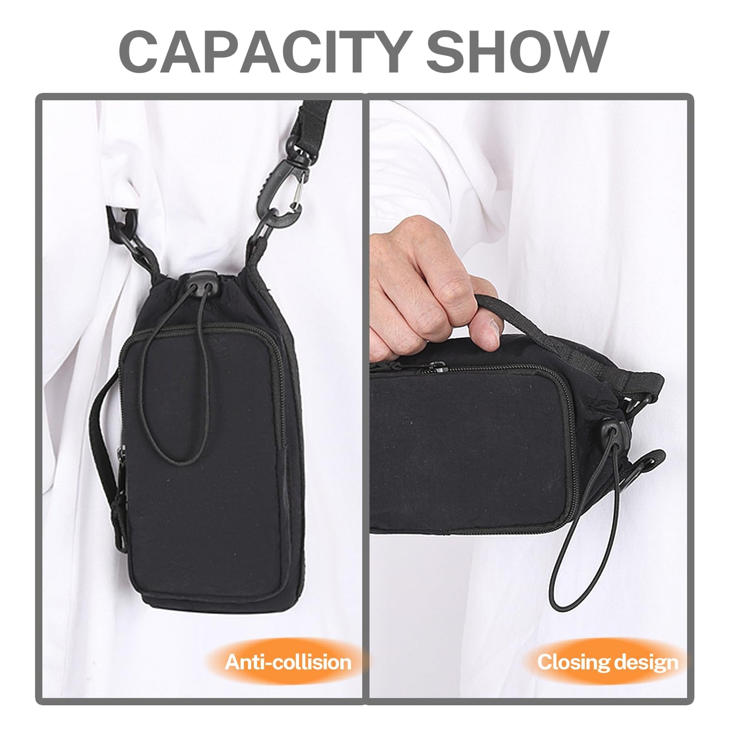 Water Bottle Holder with Phone Pocket for 40/32 oz,Water Bottle Holder with Adjustable Shoulder Strap and Charm,Water Bottle Sleeve for Walking Hiking Camping Gym. (Black)