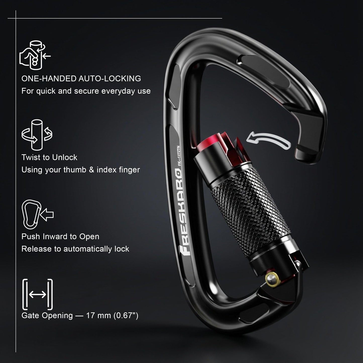 FresKaro 25kN Climbing Carabiners Double Locking Carabiner Clips, Heavy Duty Carabiner for Rock Climbing, Rappelling, Hunting, or Survival Gear kit, Gym Equipment, Cerfified UIAA Carabiner Black