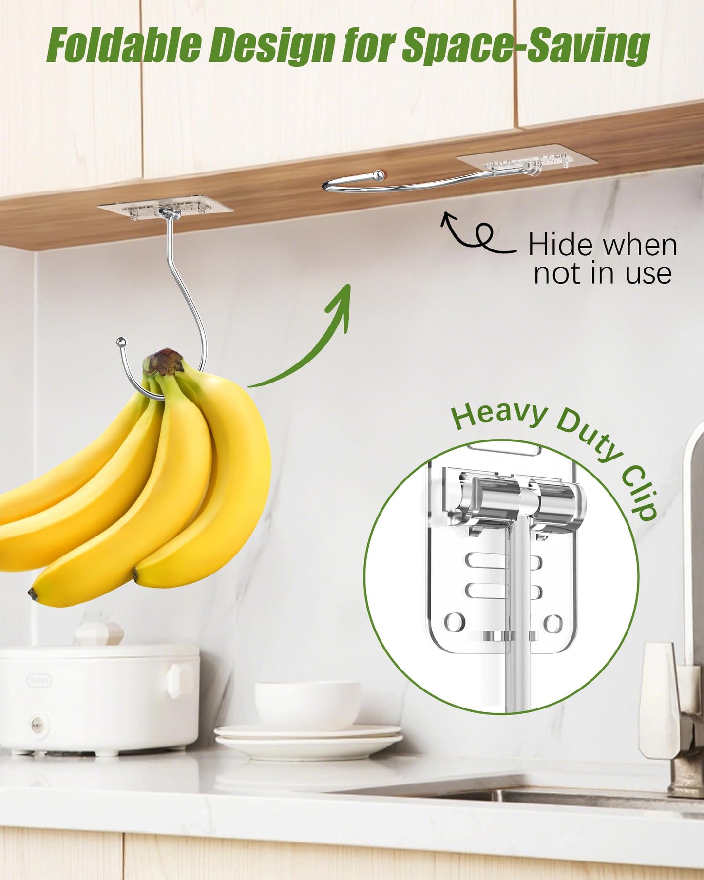 Latoxcaa Banana Hook for Hanging Heavy-Duty 13Ib(Max) 2 Pack, Folding Banana Hanger Under Cabinet, Banana Holder Self Adhesive Traceless Clear for Keep Fresh & Kitchen Space Saving-12 cm