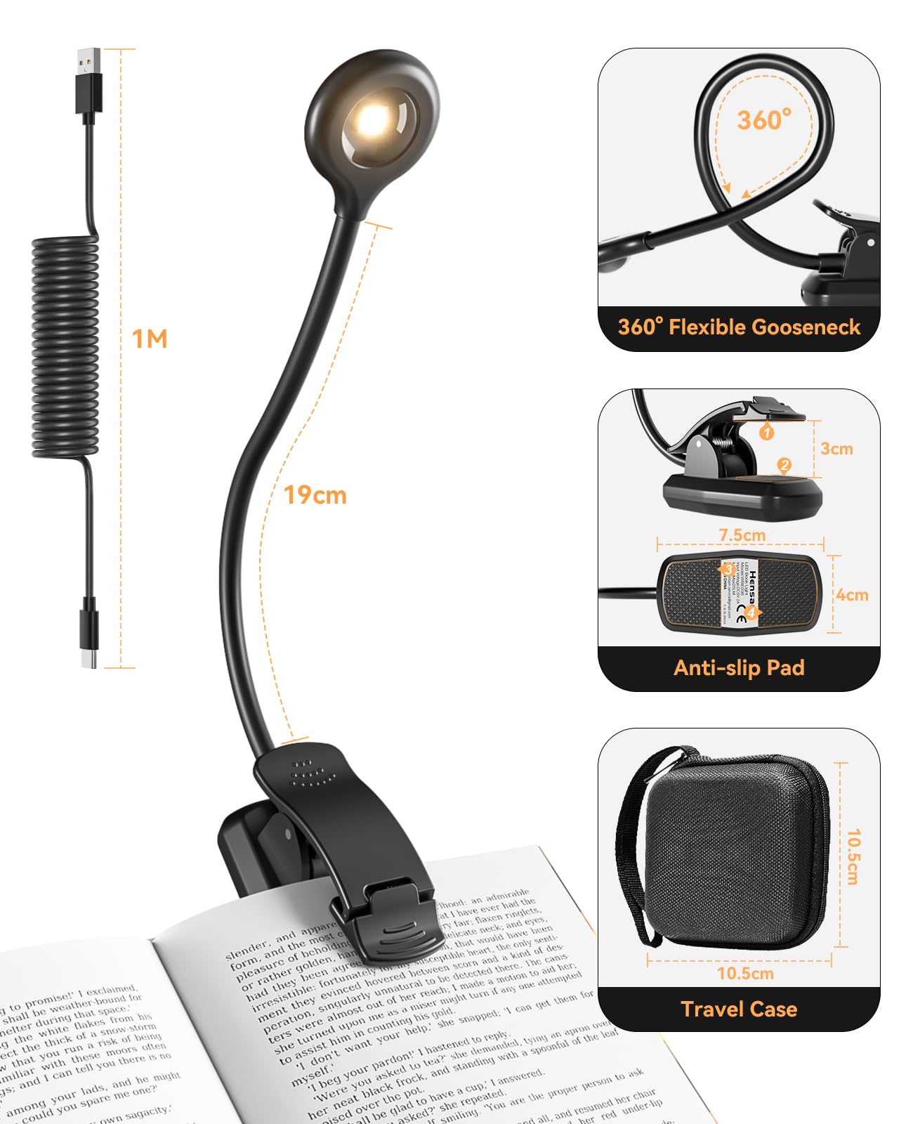 Hensam Book Light for Reading at Night, Rechargeable Reading Light with 1200 mAh Battery, Stepless Dimmable Reading Lights for Books in Bed, Portable Clip Book Light with Case
