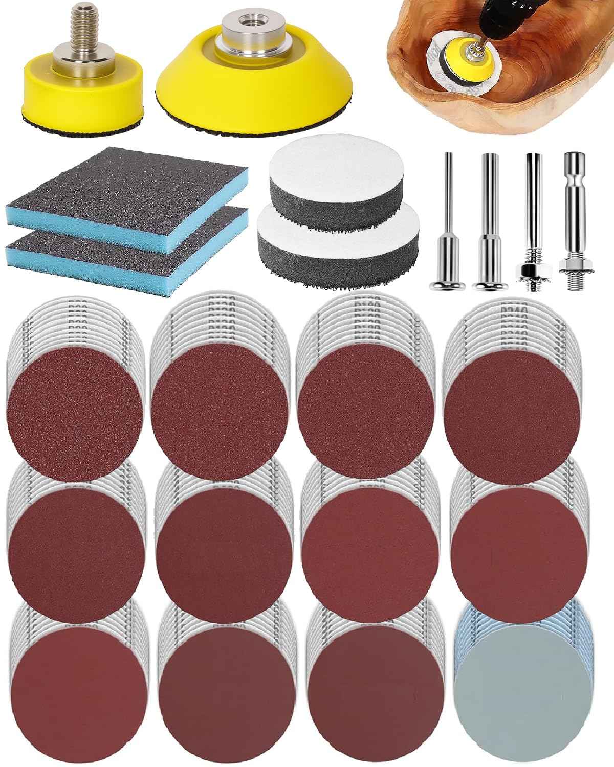 250PCS 2 Inch Sanding Discs for Drill Sander Attachment, 80 to 3000 Grit Hook and Loop Sandpapers Polishing Pads for Dremel Drill Bits Die Grinder, Sanding Wheel Kit for Car Furniture Metal Wood