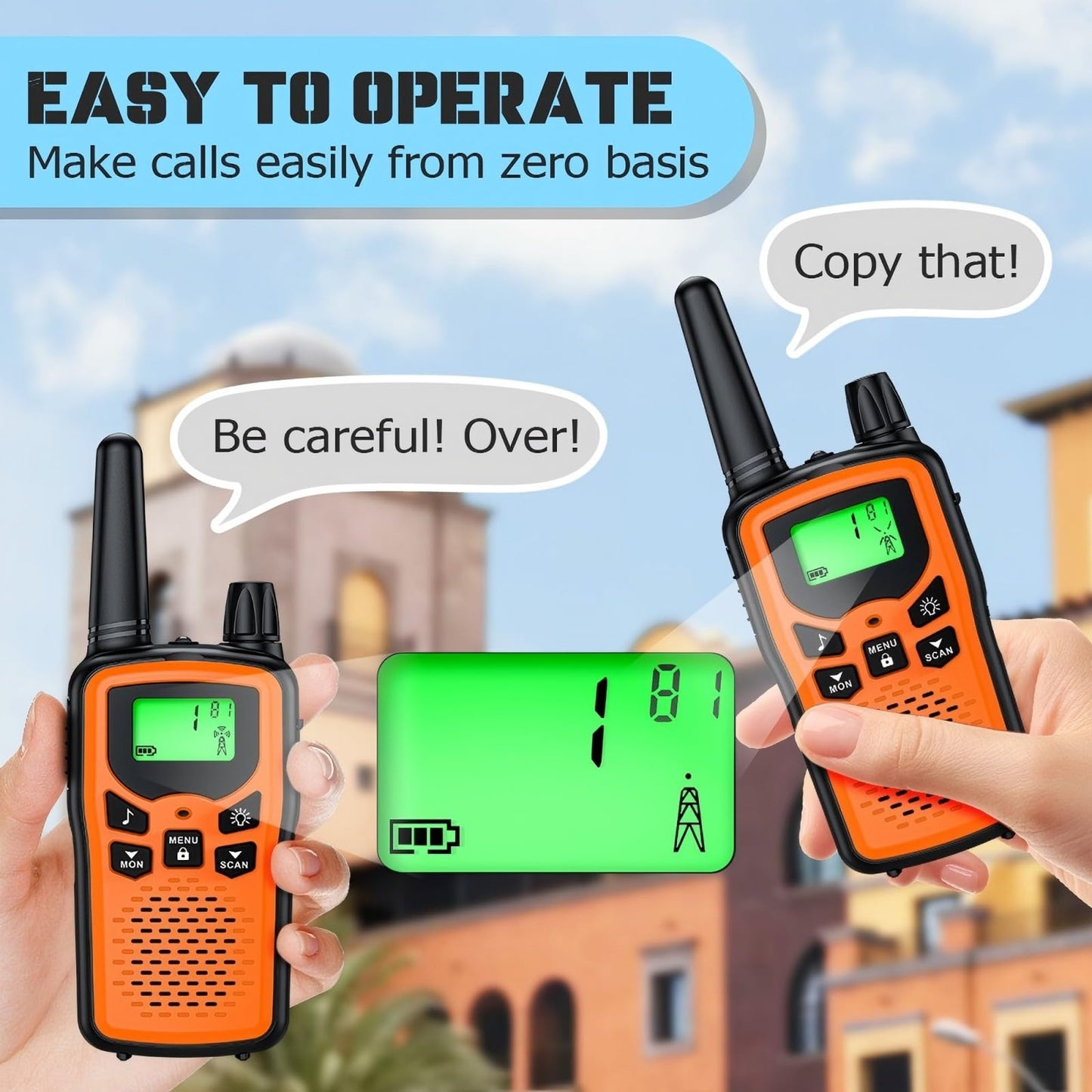 Walkie Talkies 2 Pack Walkie talkies with Rechargegable for Adults, 22 Channel FRS 2-Way Radios Walky Talky with LED Flashlight for Climbing, Camping Trip and Family Emergency Kit(2 Pack Orange).