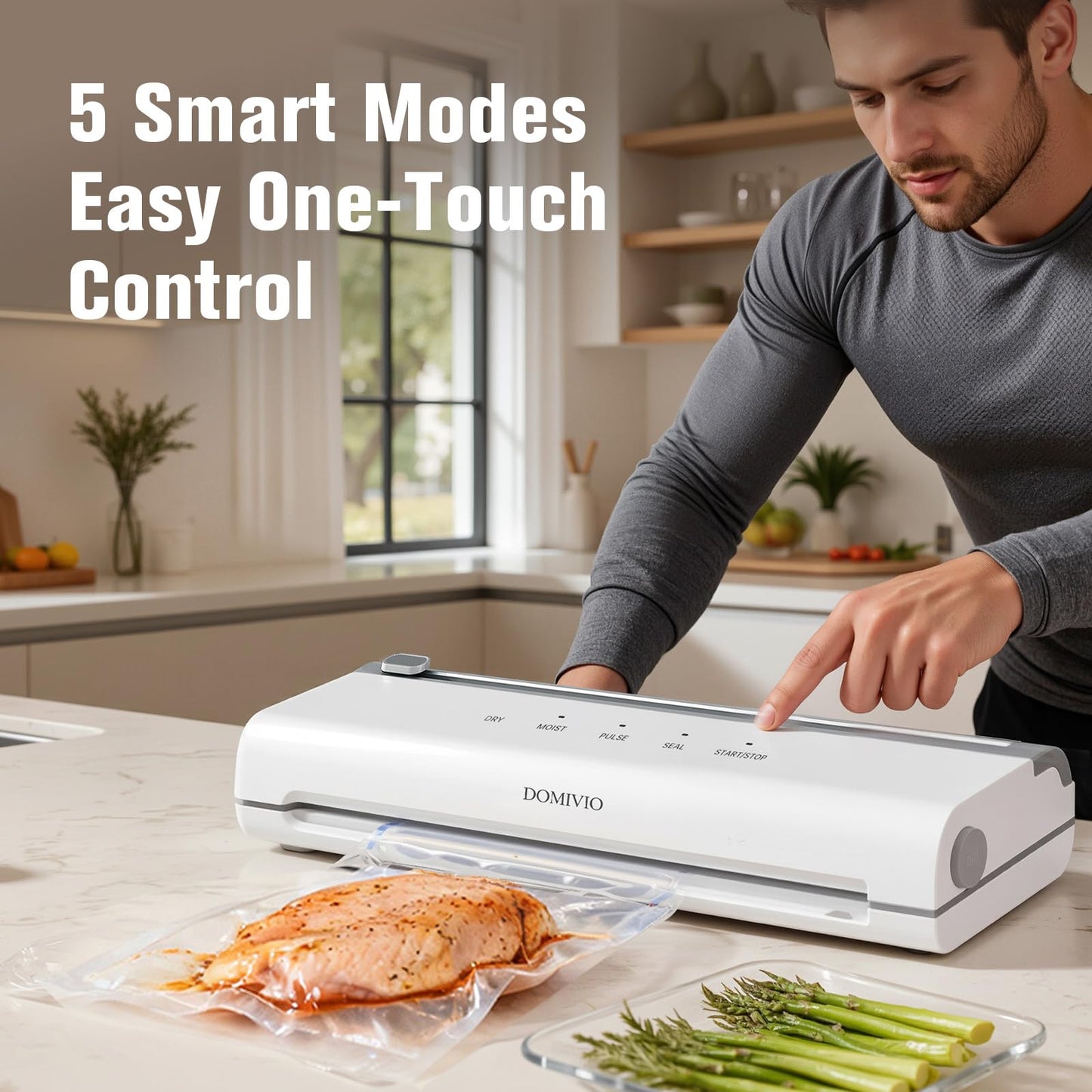 DOMIVIO 75Kpa Vacuum Sealer Machine for Food, 5-in-1 Food Saver with 20 BPA-Free Bags – Dry & Moist Modes, Compact Easy-to-Use Vacuum Sealer for Meal Prep (VS2093)