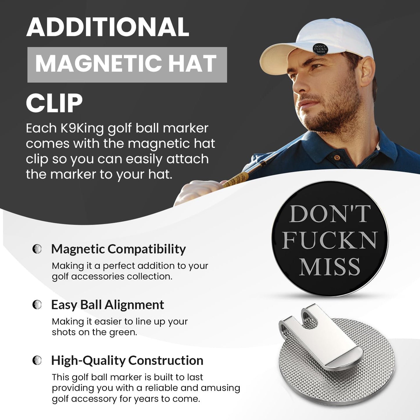 K9King Ultimate Dont FUCKN Miss Ball Marker Magnetic Hat Clip - Premium Golf Accessories Gift Combo Set with Bonus Shooter Golf Ball Marker for Enhanced Golfing Experience | Ideal Gift Ideas
