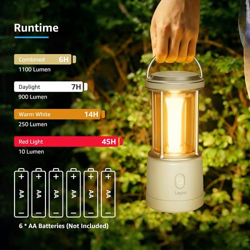 Lepro 1100LM Battery Powered LED Camping Lantern, Waterproof Tent Light with 5 Light Modes, Camping Essentials, Portable Lantern Flashlight for Camping, Emergency Light, Power Outage, Not Rechargeable