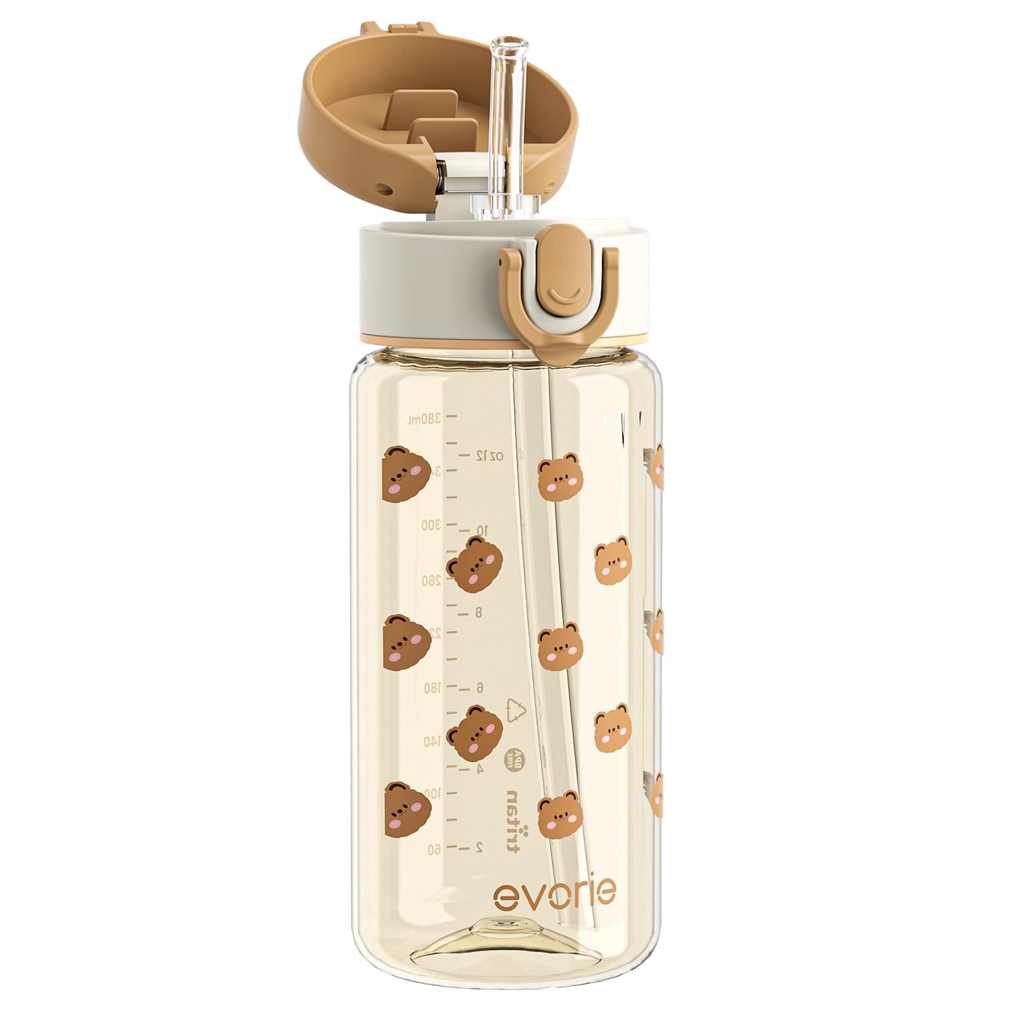 Evorie Tritan Kids Water Bottle with Straw, 13oz BPA-Free Leak-Proof Drinking Bottle for School & Travel, Lightweight Clear Water Bottle, Dishwasher Safe, for Kids Ages 3+ (Honey Bear)