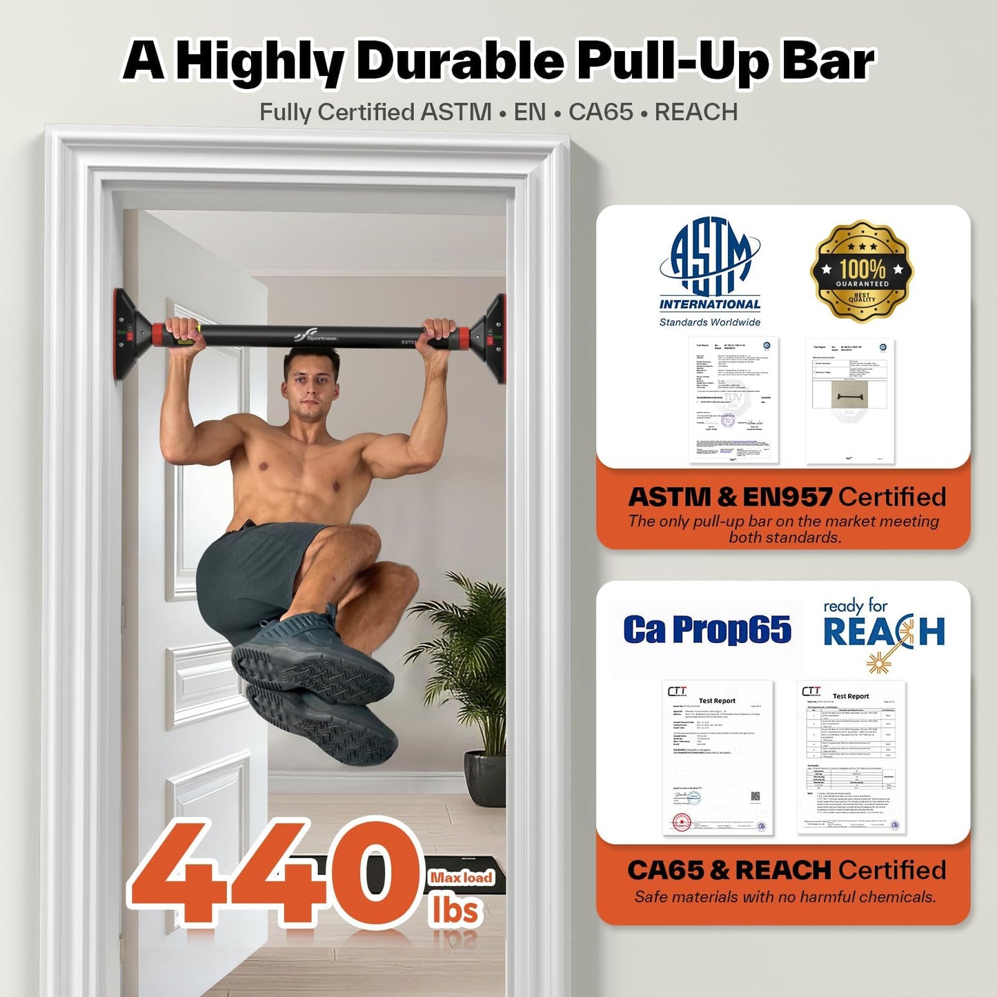Pull Up Bar for Doorway: Sportneer Strength Training Pull-up Bars without Screw - Adjustable Width Locking Mechanism Chin Up Bar, Thickened Steel Max Limit 440 lbs Upper Body Fitness Pullup Bars for Home (Black-Red)