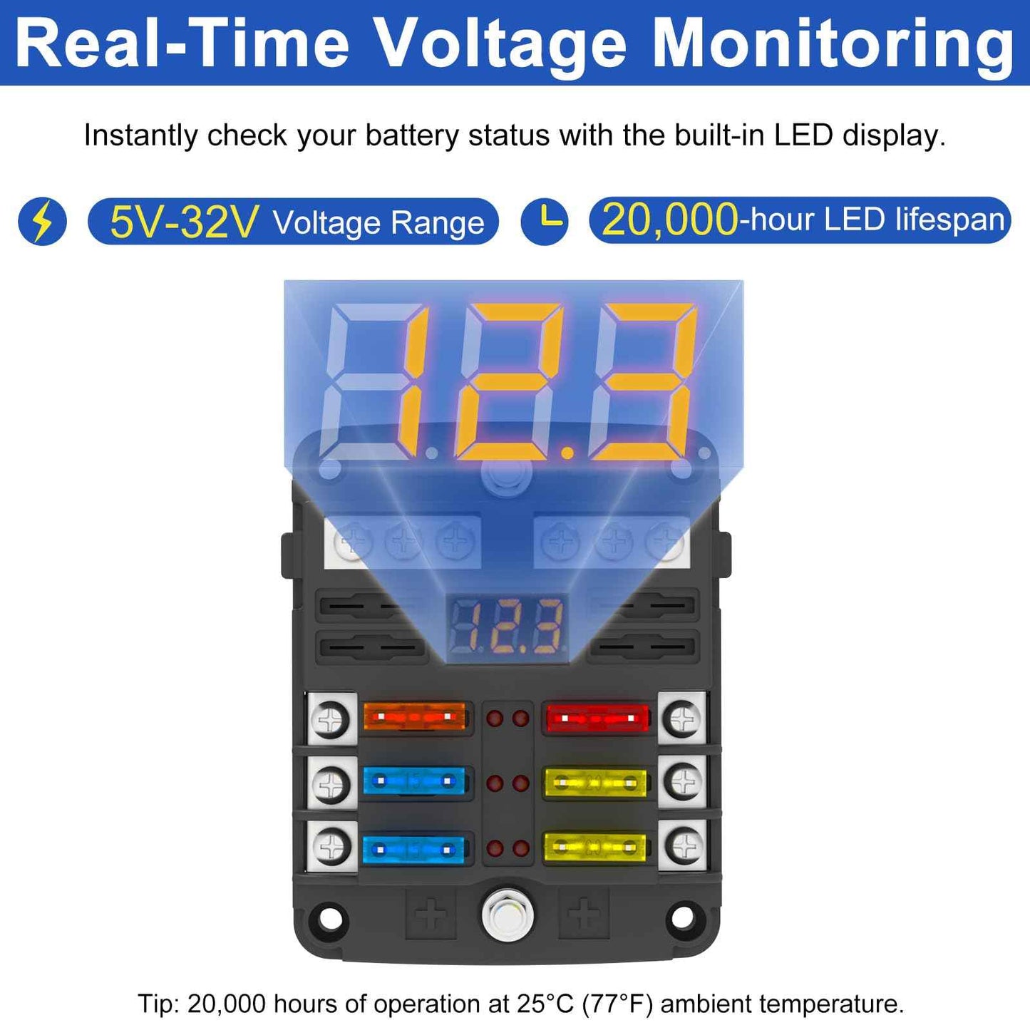 UCkasayfy 6 Way Fuse Block Box 12V/24V DC, ATC/ATO Fuse Panel with LED Display for Marine Boat Automotive Motorcycle