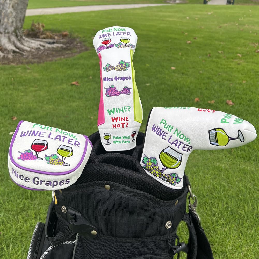 Giggle Golf “Putt Now Wine Later” Golf Club Headcovers. Blade, Mallet & Hybrid Covers. Wine Lover Golf Accessories - Women’s & Men’s Novelty Headcovers. (for Mallet)