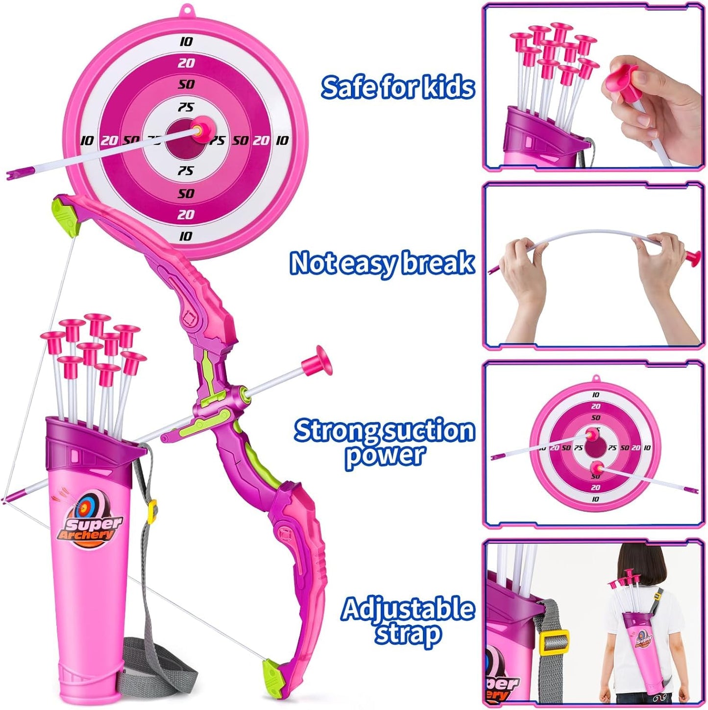 OWNONE 1 Pink Bow and Arrow Set for Girls, LED Light Up Archery Set with 10 Suction Cup Arrows, Target, Fairy Wings & Princess Crown, Birthday Gift Outdoor Toys for Kids Girls Ages 3-12