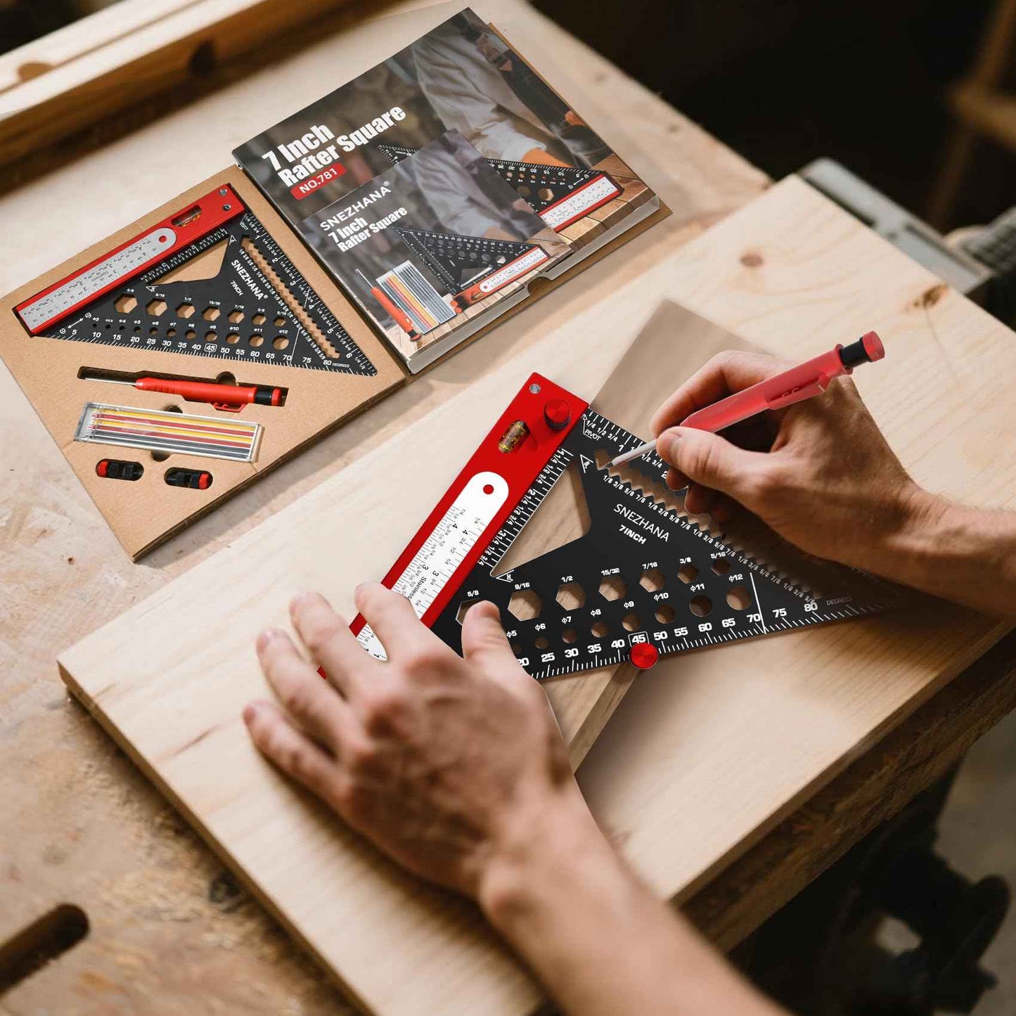 SNEZHANA 7" Rafter Square with Carpenter Pencil and Bubble Level, Multi Purpose Measuring Tool for Precision Woodworking, Roofing, and Framing