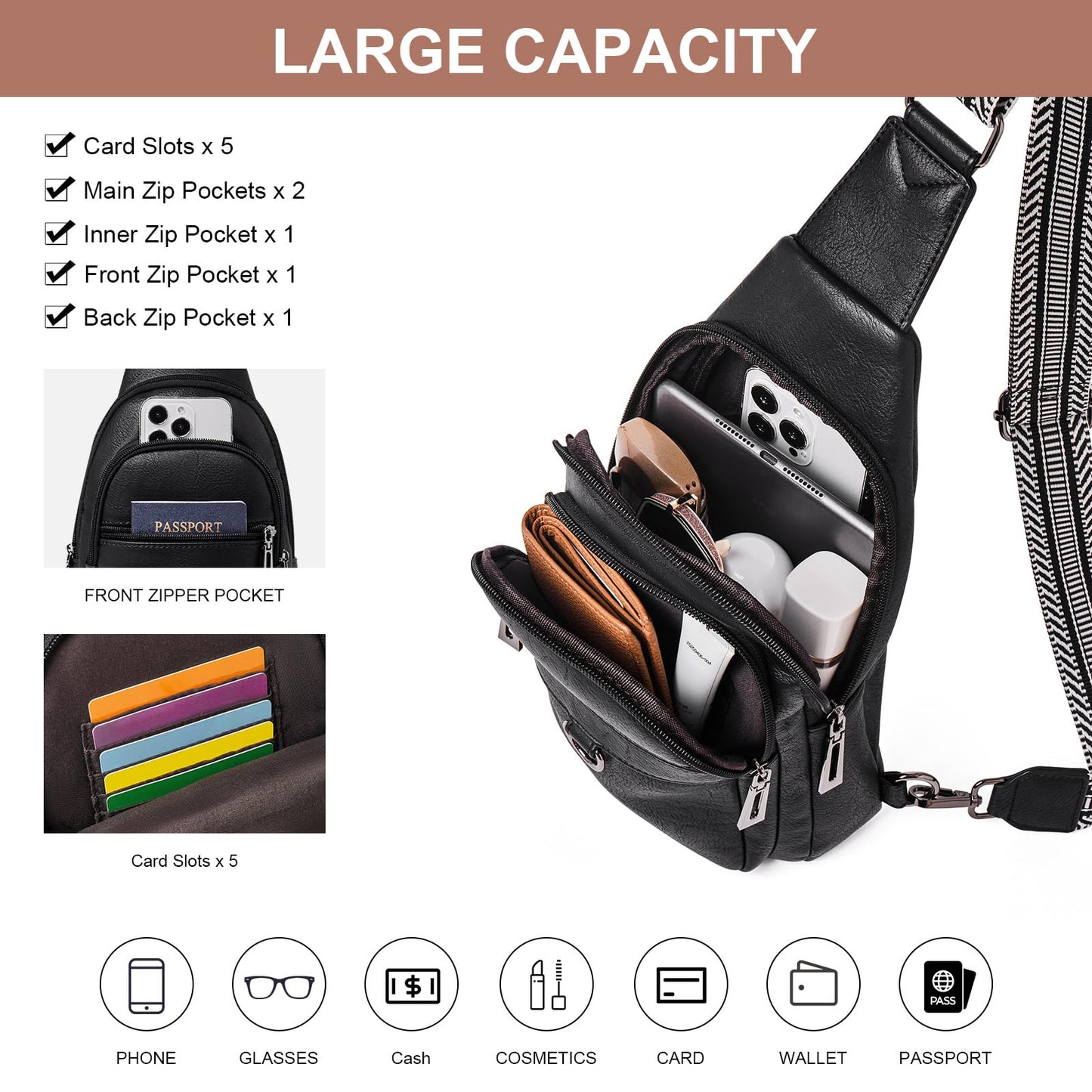 cakang Crossbody Bags for Women Leather Sling Bag Crossbody Purse Travel Chest Bag Trendy with Anti Theft Back Pocket Black