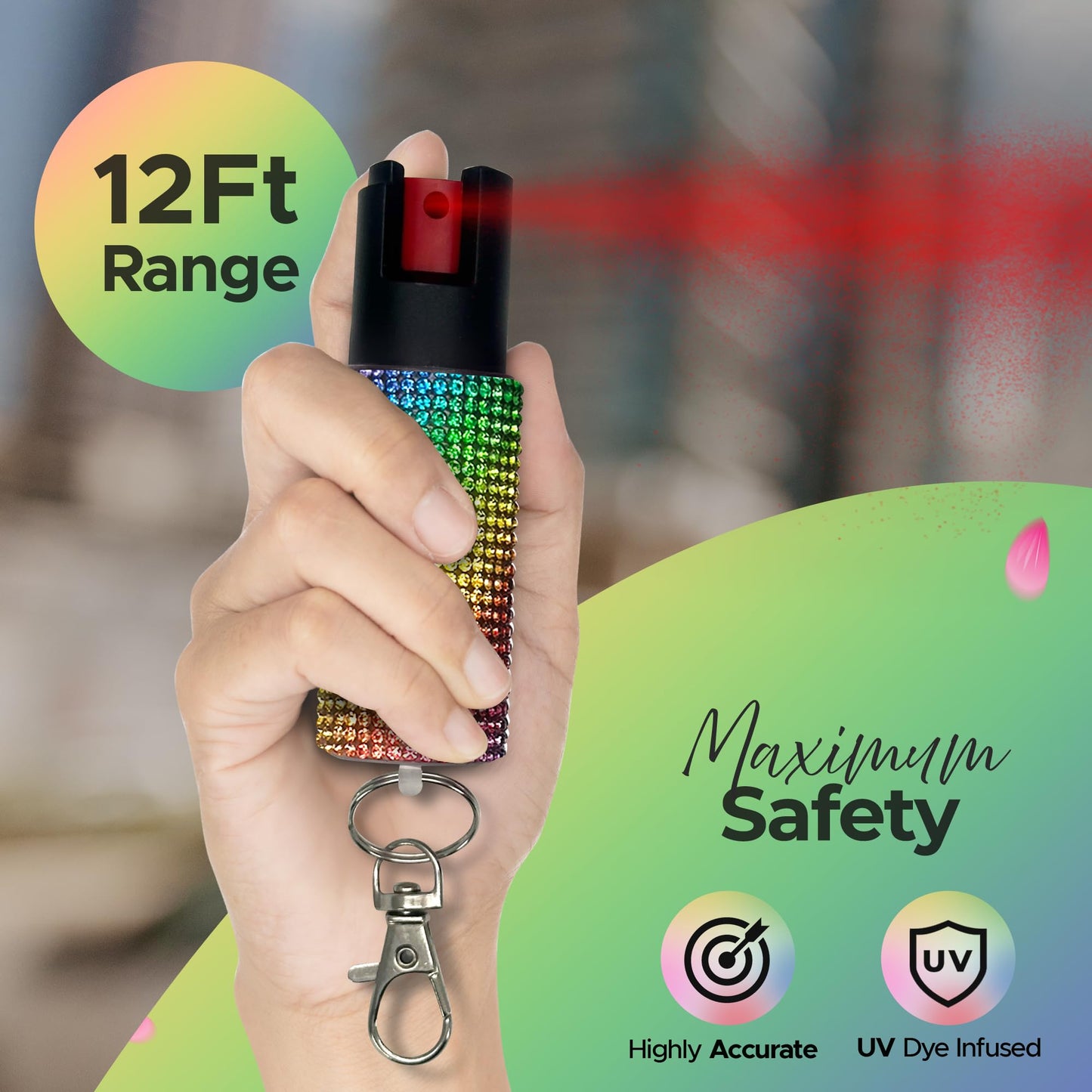 FURY Gem Stone Pepper Spray Stun Gun Combo - Stylish Multi-Color, 12ft Range, UV Dye Identifier, Flashlight, Rechargeable, Self-Defense Kit, Personal Safety, (Rainbow)