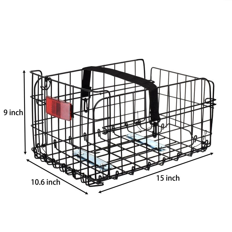 Suwimut Folding Rear Bike Basket, Quickly Release Metal Wire Bicycle Basket Cargo Rack with Strap & Reflective Tail Light for Most Mounted Bike Rack, Adult Women Men Carrying Dogs, Pets, Grocery