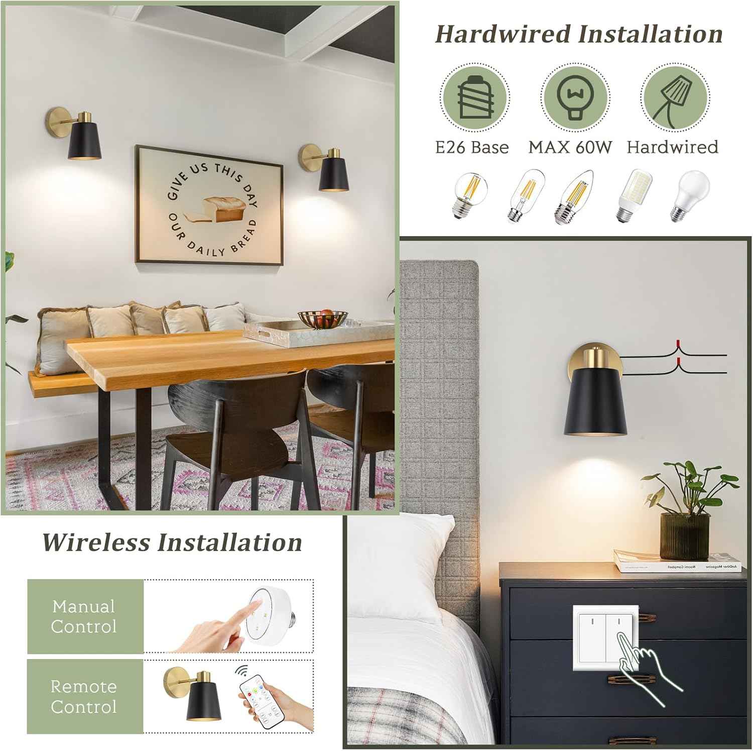 Battery Operated Wall Sconce Set of 2 - Modern Wireless Vintage Black & Gold Lamps with Remote Control for Living Room & Bathroom