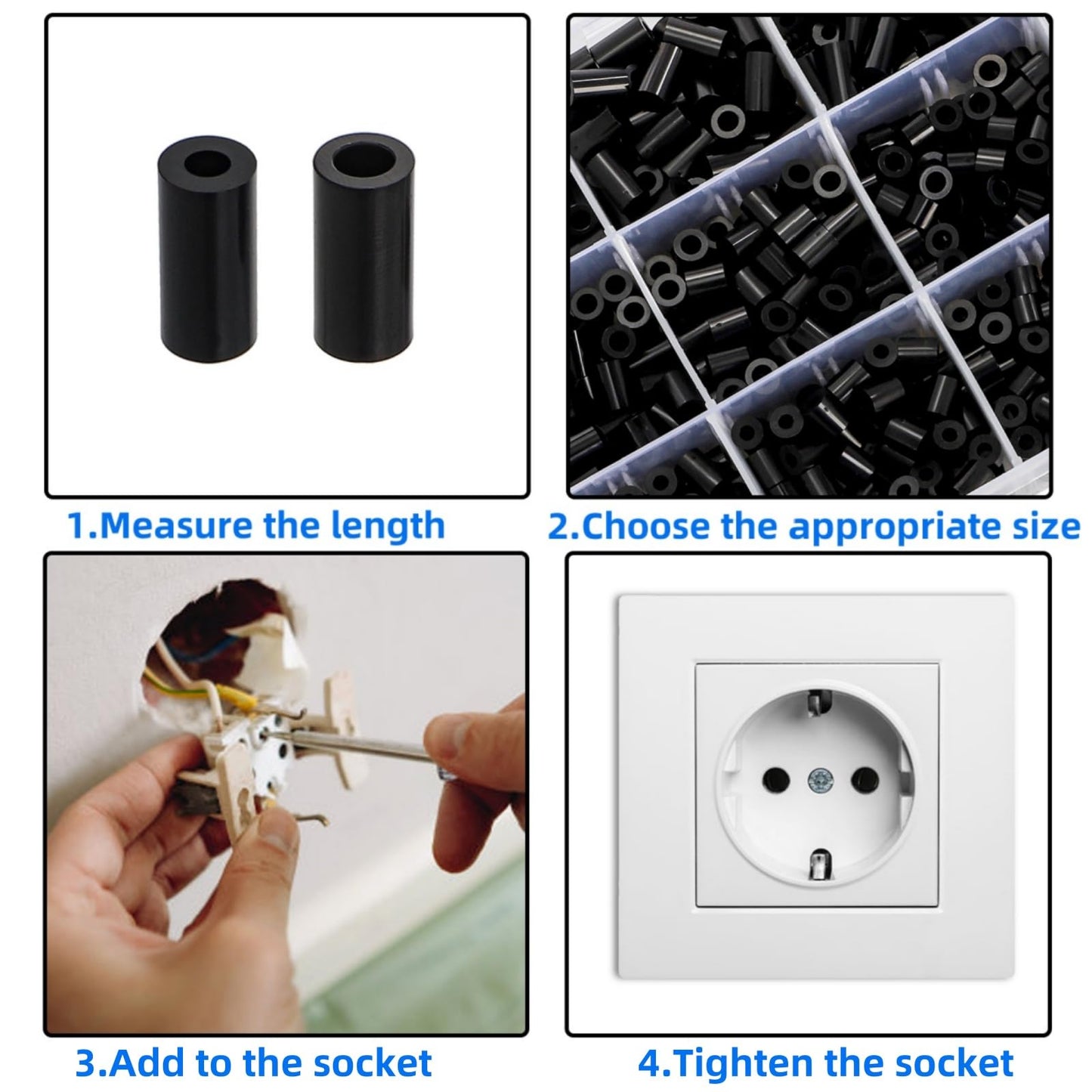 Acshio 1000 Pack Electrical Outlet Screws Spacers, Nylon Round Spacers for M3 M4 Screw, Black Spacer Electrical Outlet Assortment Kit Without Threaded for Electrical Screws, Switch, Receptacle