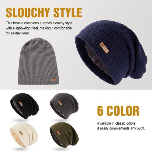 Oversize L/XL/XXL Merino Wool Satin Lined Slouchy Beanie Big Large Head Knit Hat (US, Alpha, X-Large, XX-Large, OliveDrab(Satin))