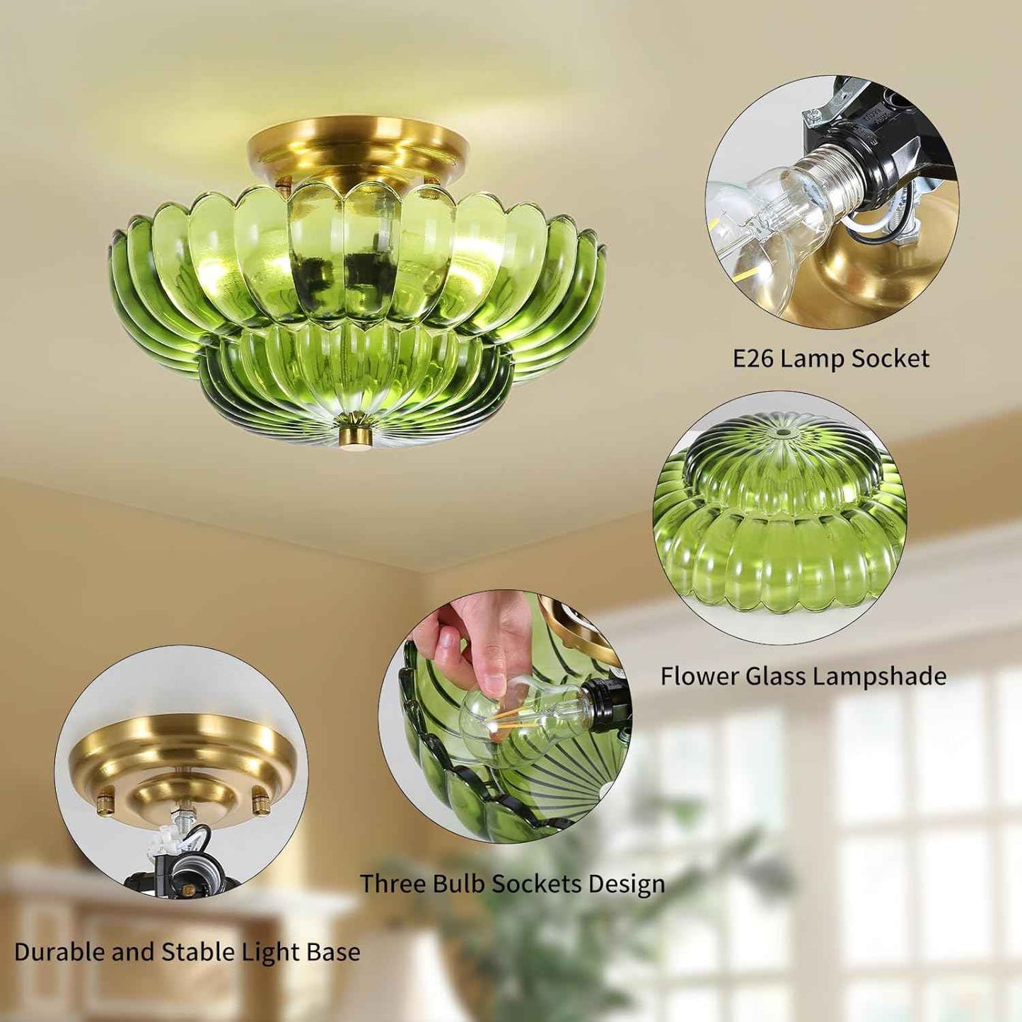 Modern Semi Flush Mount Ceiling Light Fixture with Brown Glass & Black Base - Ideal for Living Room, Kitchen, Bedroom, Hallway (Bulb Not Included)