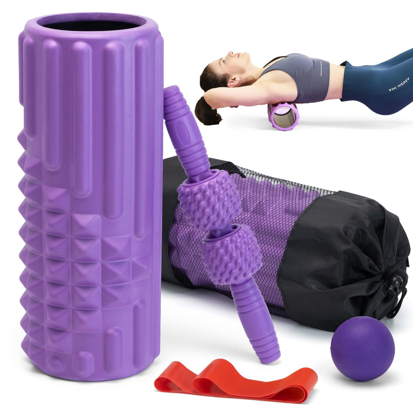 Zmarthumb 5 in 1 Foam Roller Set, High Density Fitness Exercise Foam Roller for Deep Tissue Muscle Massage, Massage Roller, Massage Ball, Resistance Band, for Whole Body(Purple)