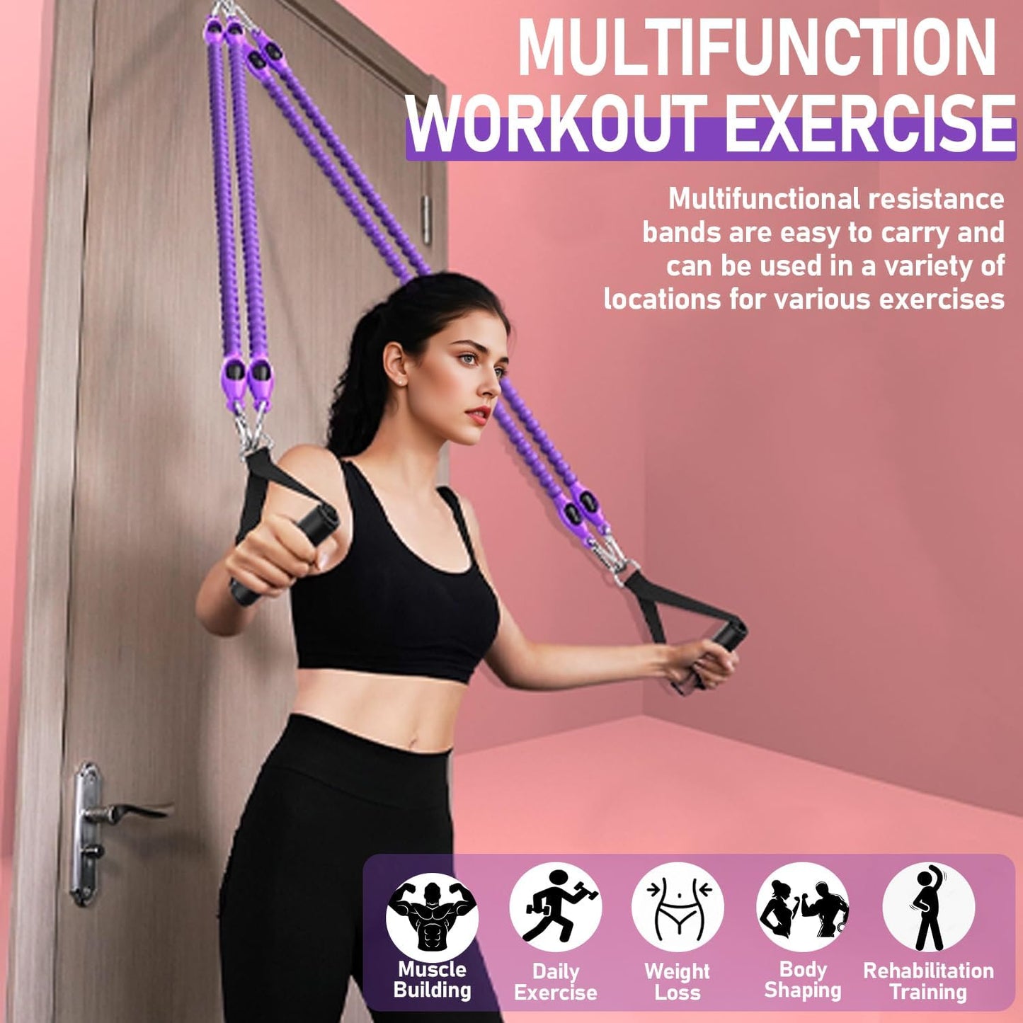 Skiennix Adjustable Foot Pedal Resistance Band - 4-Tube Ankle Puller for Full Body Workouts | Purple