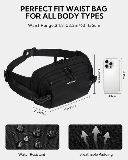 WATERFLY 3L Large Fanny Pack, 180° Opening Hip Pouch with Multi-Pockets, Anti-Theft RFID Blocking Waist Bag for Women Men Traveling Hiking Daily Use