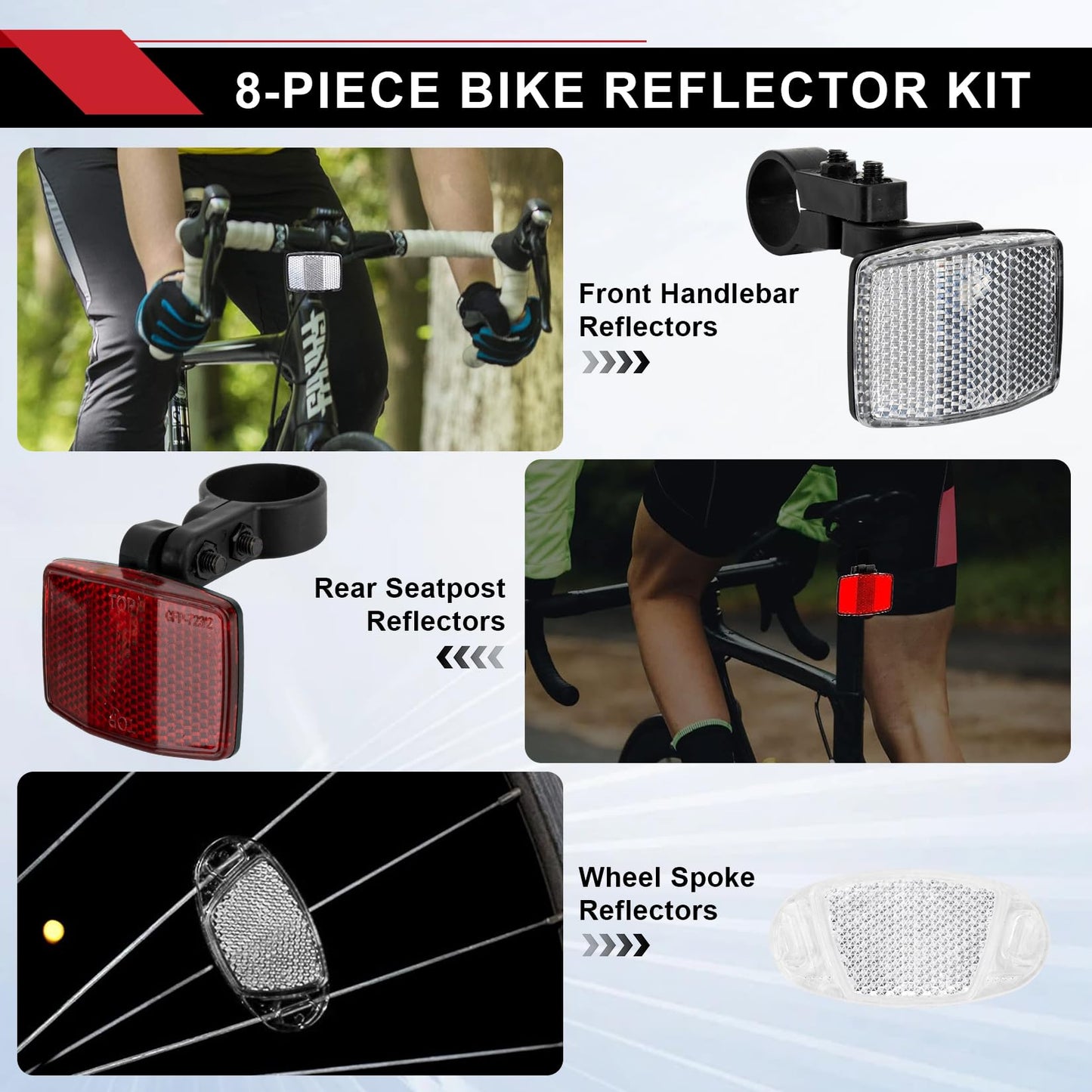 PSLER 8-Piece Bike Reflector Kit for Night Riding, Front and Rear Bicycle Safety Lights, Reflectors for Handlebar & Seatpost & Wheel Spoke, Cycling Warning Reflectors for Bike Road Safety