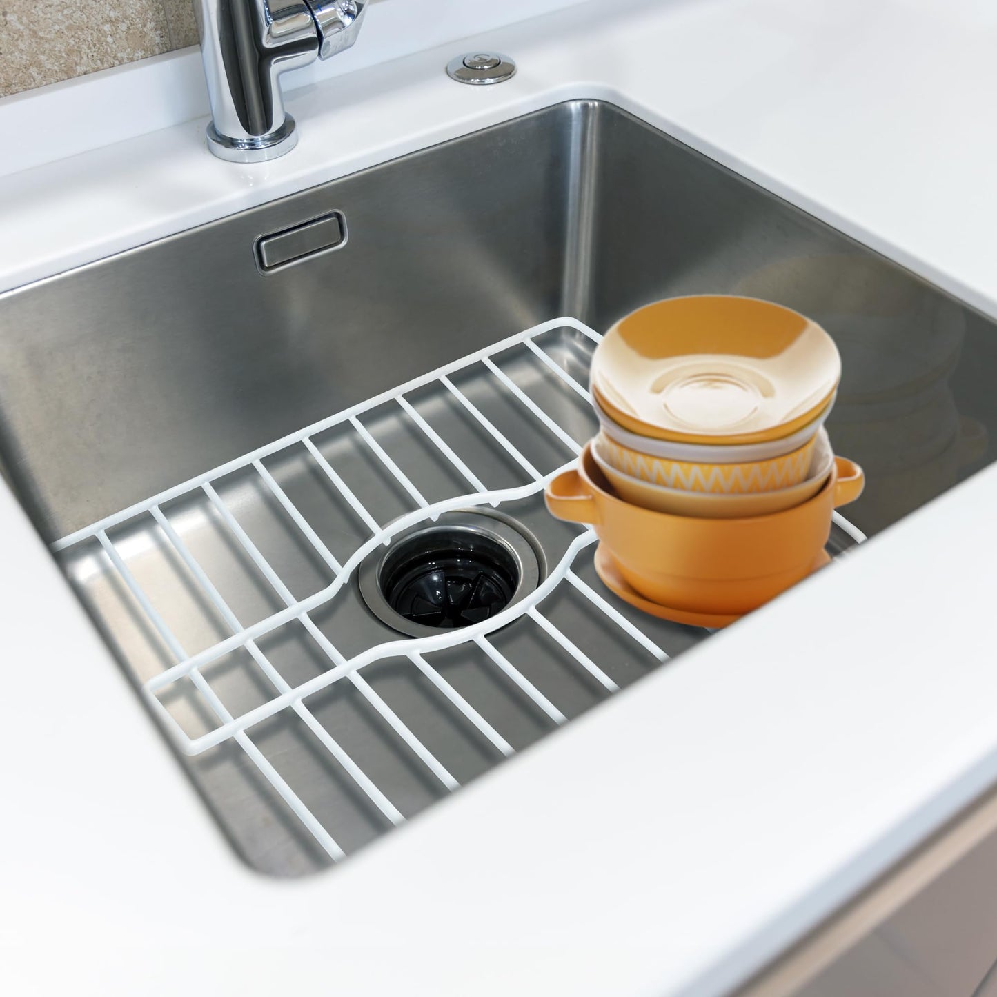 DecorRack Sink Protector for Kitchen Sink, 16" x 13" Metal Dish Drying Rack, Grate with Center Drain, Protects from Stains, Scratches, Dishwasher Safe, Large Size (1 Pack, White)