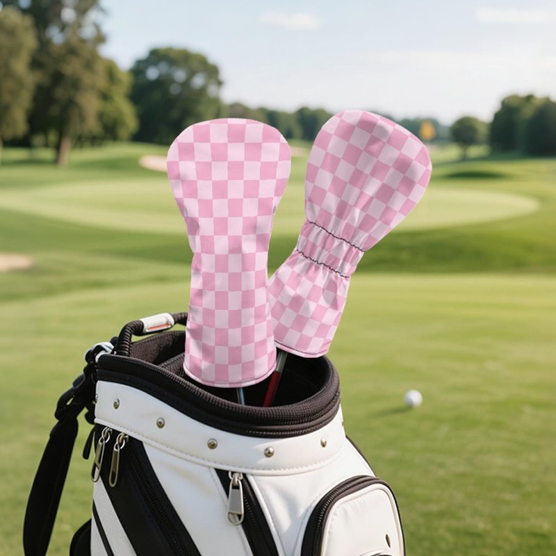 Pink Checkered Golf Head Covers for Woods and Driver Fairway Hybrid Funny PU Leather Golf Club Head Covers for Women Men Golf Accessories for Halloween Christmas Birthday Present