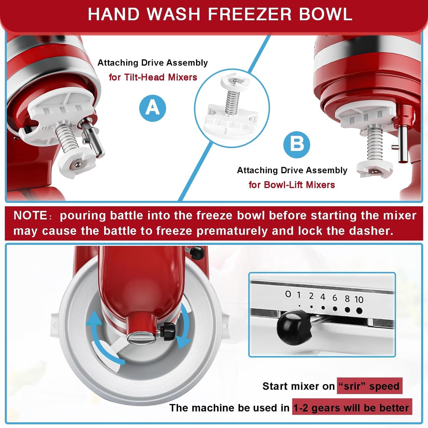Ice Cream Maker Attachment for KitchenAid Mixer - 2 Quart Bowl for Yogurt, Sorbet & Gelato