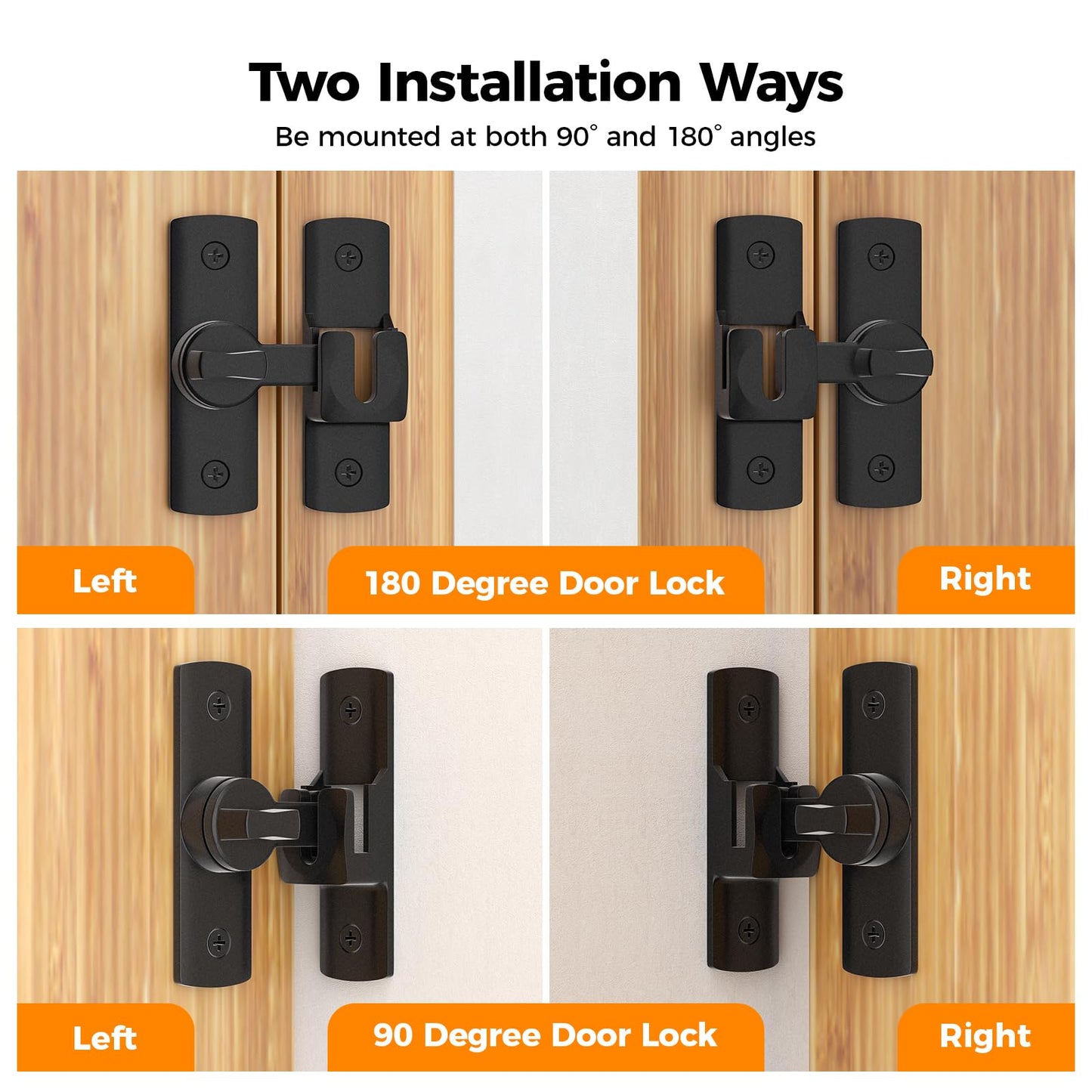 2 Pcs Degree Barn Door Latch, 180/90 Sliding Barn Door Lock，Sliding Gate Latch Lock for Cabinets, Barn Door, Bathroom, Gardenr Doors (Black)