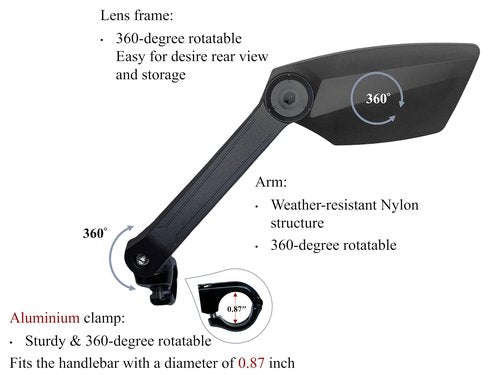Hong Ji Bike Handlebar-mounted Mirror, New type, Large FOV 2K HD High-Resolution, Anti-Glare, Shatter-Proof, Nylon Fiber Frame, Highly Adjustable, 22.2mm Handlebar Diameter fit(Left_Blue, EV016)