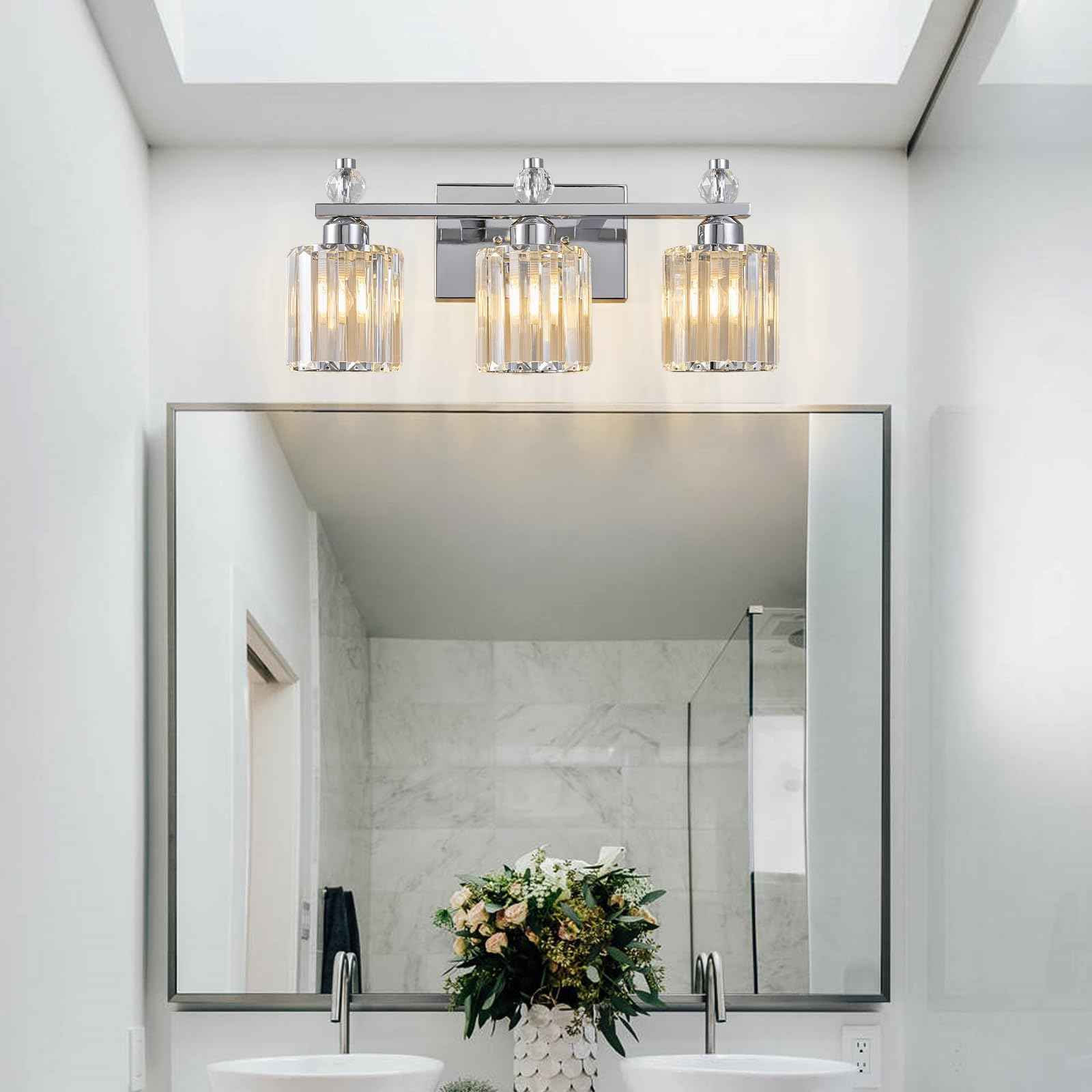 FDPBY Bathroom Vanity Lights 3-Light Chrome Modern Crystal Vanity Light Fixtures Over Mirror Crystal Bathroom Vanity Lighting Fixtures