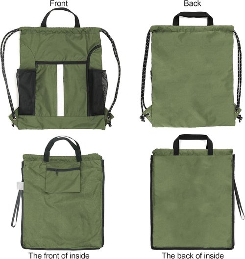 BeeGreen Moss Green Drawstring Bag - Heavy-Duty Sport Cinch Sack with Shoe Compartment & Mesh Pockets