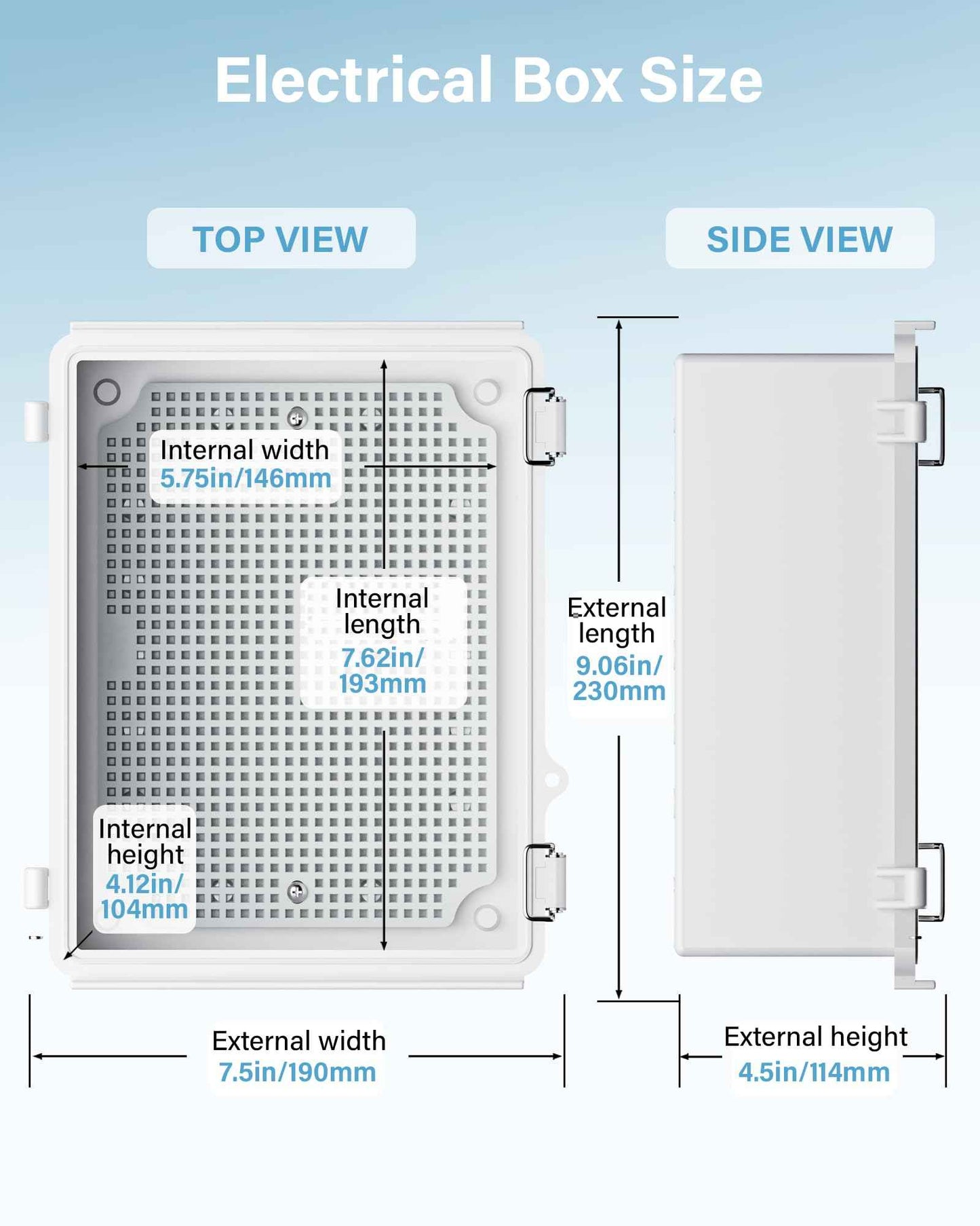 Waterproof Junction Box ABS Plastic, Outdoor Electrical Box IP67 Hinged Cover Project Box with Mounting Plate Wall Brackets and 2 Cable Glands, Grey Electrical Enclosure 8.7"x6.7"x4.3"