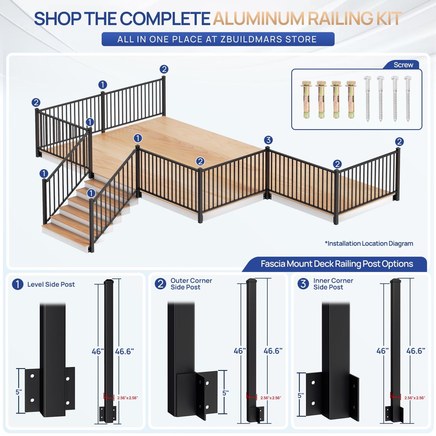 Egadis 1 Pack 2.56 in. x 2.56 in. x 46 in. Aluminum Side Mount Railing Post for 36" Stair or Level Railing Kit, Black Textured Powder-Coat Finish Fascia Mount Post Level Side Post