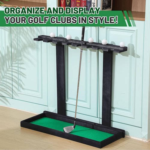 Blosssound Golf Putter Stand for 8 Clubs & 12 Balls Wooden Golf Club Holder Golfs Rack Display Organizer Storage with Artificial Grass Mat for Sports Indoor Home Garage Accessories(Black)