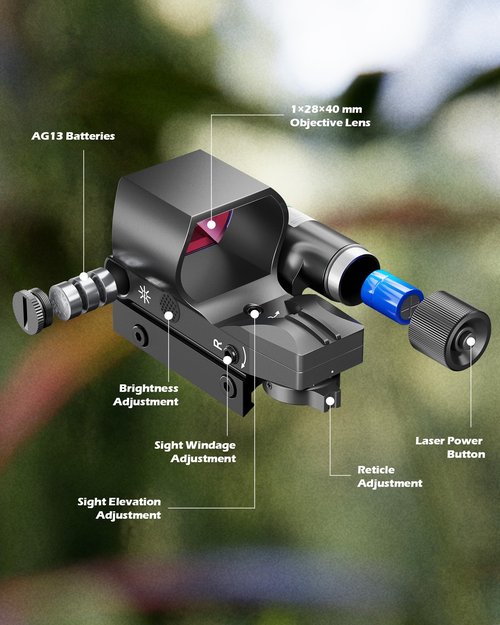 HIRAM Reflex Sight Laser Combo, 2 MOA Red Dot Sight with Green Laser 4 Reticle Patterns 8 Brightness Settings for 20 mm Picatinny Weaver Rails, Tactical Optics for Rifle Pistol Airsoft