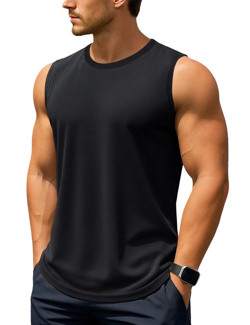 TACVASEN Men's Tank Tops Sun Protection Breathable Sleeveless Muscle Shirts for Workout Running Moisture Wicking Black L