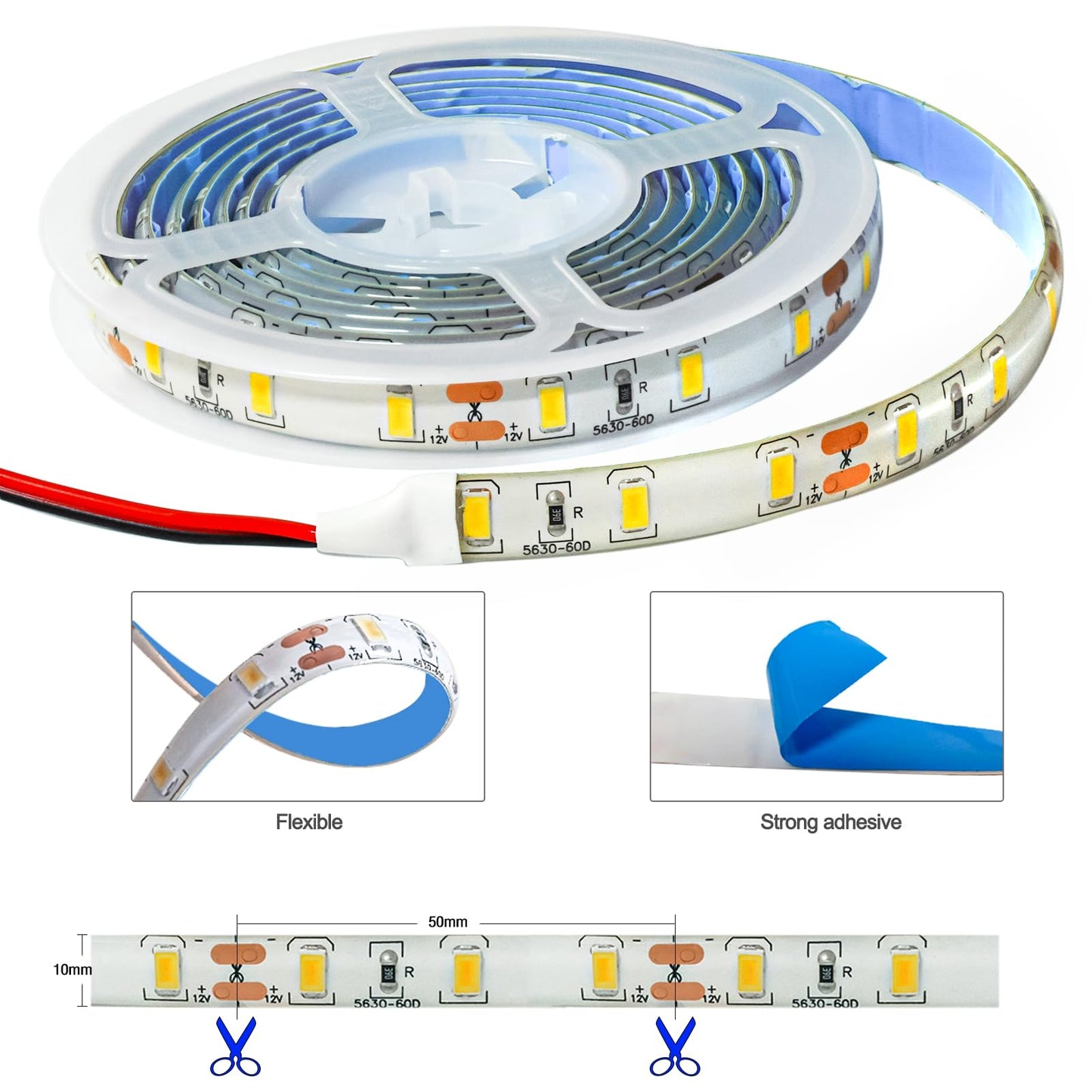 12V Warm White Led Strip Light 6.56Ft Dimmable Light Strip, SMD 5630 IP65 Waterproof 3500K Flexible Tape Lights 120 LEDs Rope Light for Bedroom, Desk, Kitchen, Indoor, Outdoor Decoration