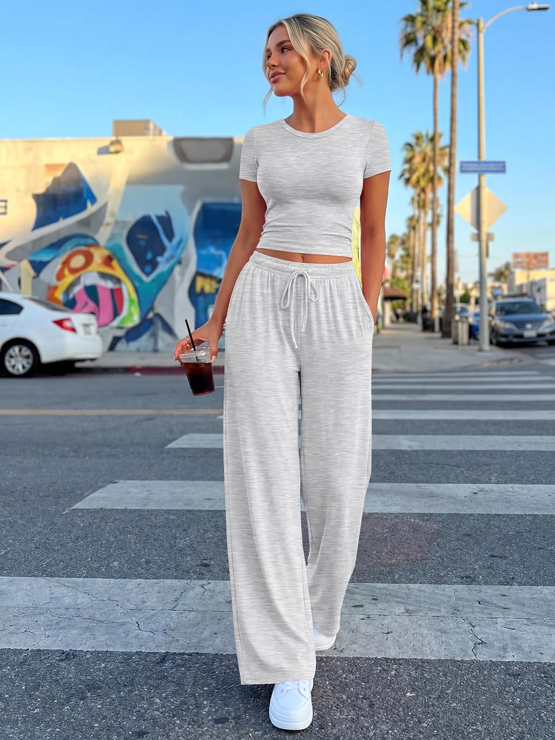 Trendy Queen 2-Piece Summer Sweatsuit Set - Women's Side Ruching Top & Wide Leg Pants with Pockets